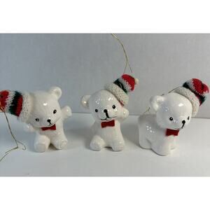 VINTAGE - CERAMIC TEDDY BEAR CHRISTMAS ORNAMENTS / SET OF 3- PORCELAIN